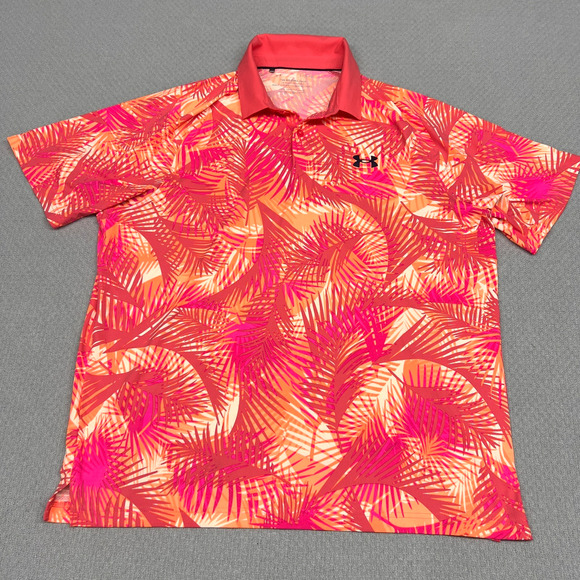 Under Armour Iso Chill Polo Shirt Mens L Pink Floral Performance Golf Stretch - Picture 1 of 6